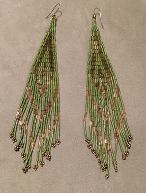 Handmade Extra Long Green and Gold Seed Bead Fringe Earrings 7"